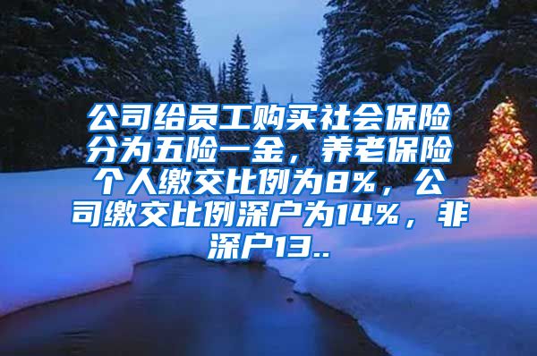 公司给员工购买社会保险分为五险一金，养老保险个人缴交比例为8%，公司缴交比例深户为14%，非深户13..