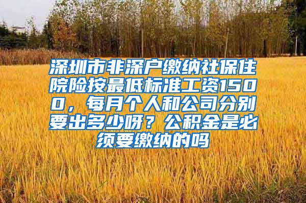 深圳市非深户缴纳社保住院险按最低标准工资1500，每月个人和公司分别要出多少呀？公积金是必须要缴纳的吗